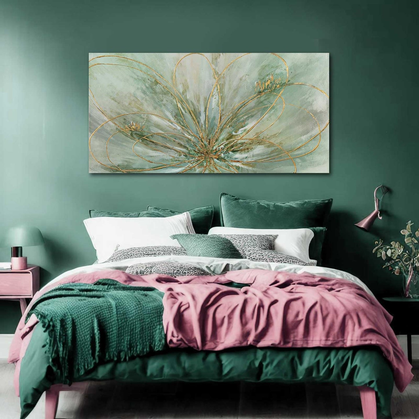 YJYart Abstrakte Wandkunst, Grün und Gold, handgemalt, Ölgemälde, Blüte, botanisch, großes Bild für Wohnzimmer, Schlafzimmer, Küche, Büro, 76,2 x 152,4 cm 