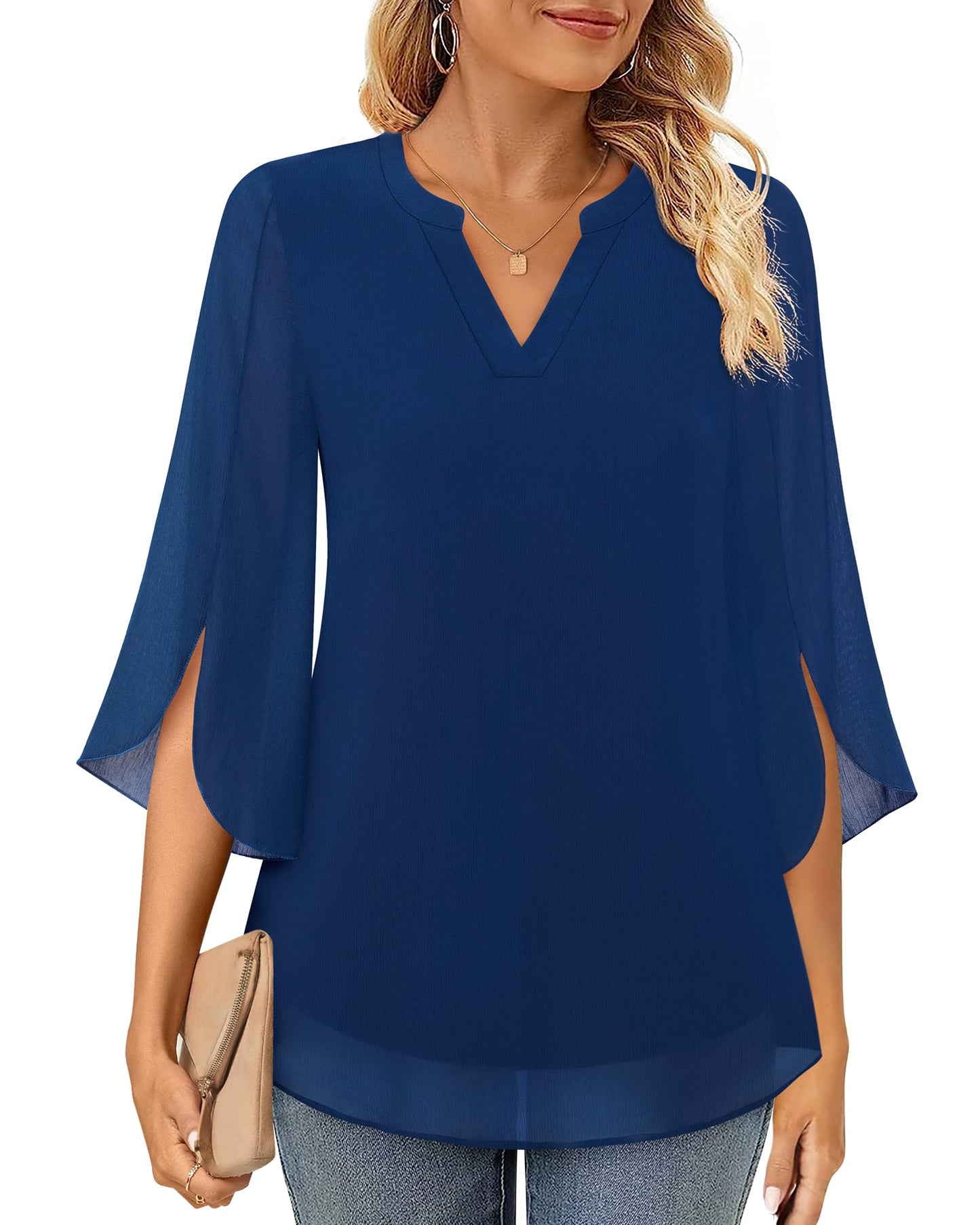 Timeson Women's 3/4 Sleeve Chiffon Blouse Shirt V Neck Dressy Tunic Tops