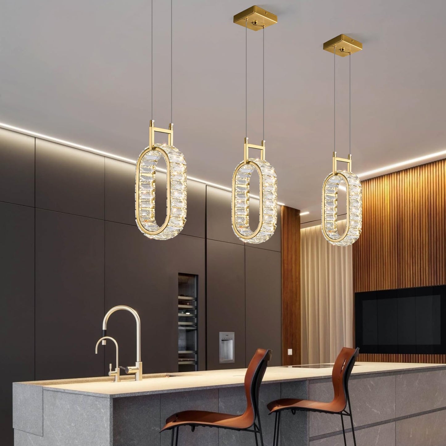 Kitchen Island Mini Light Fixture Modern Led Crystal Pendant Light Gold Rectangle Chandelier for Dining Room Living Room Kitchen Bedroom Bar（1-Pack）