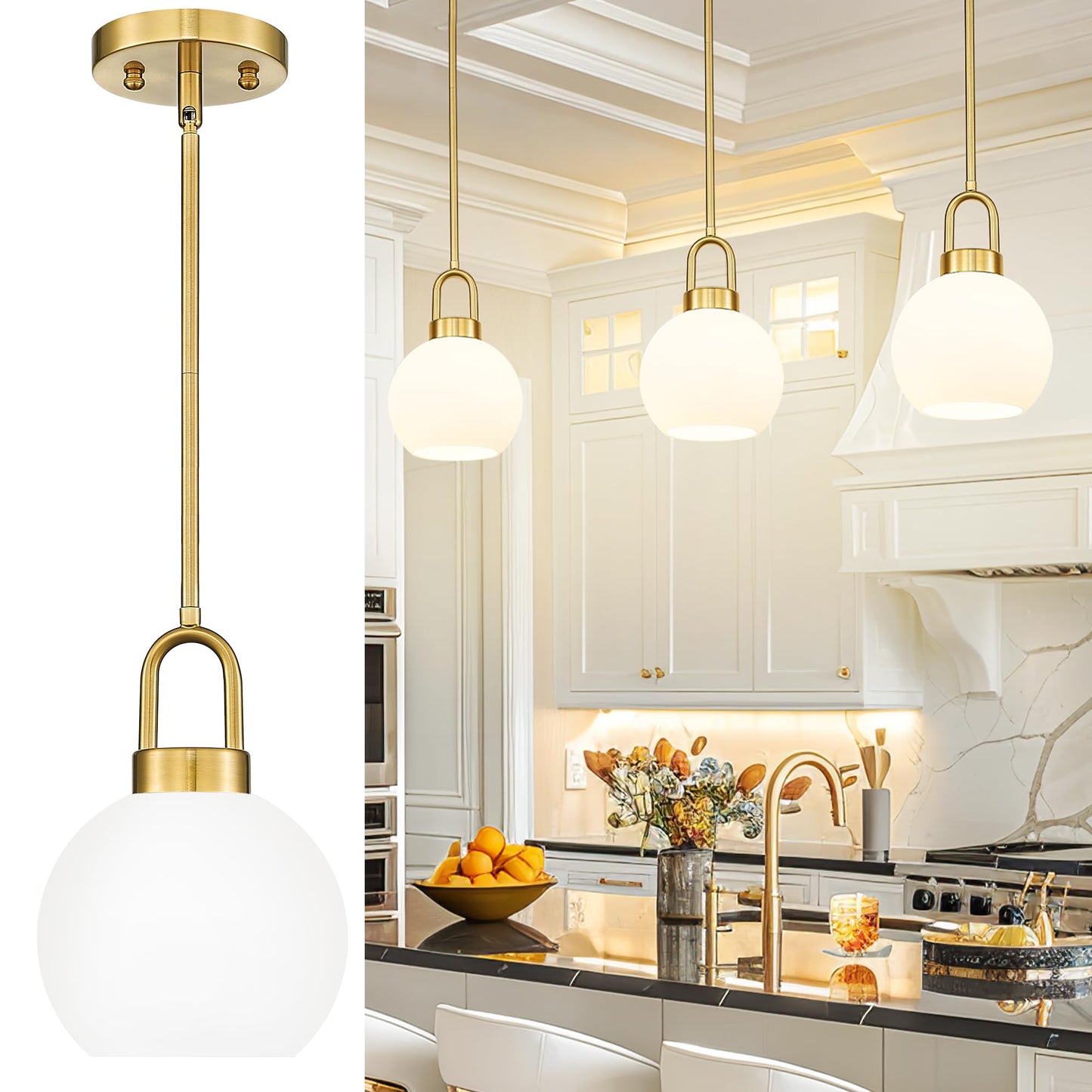 TENGXIN 7 Inch Pendant Light for Kitchen Island – Brushed Gold Finish with Milk Glass Shade, Elegant Farmhouse Style, Perfect for Dining Room or Bedroom, TXPLBG15-MG