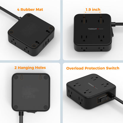Surge Protector Flat Extension Cord Flat Plug Power Strip, 8 AC Outlets, 3 USB Charger(1 USB C Port) 3-Sided Outlet Extender, 5 Ft, 900 Joules Protection