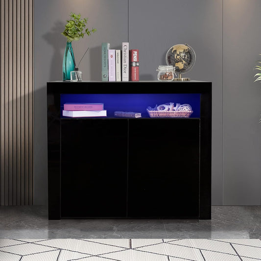 Sideboard, Vitrine mit LED-Licht, modern, schwarz, Hochglanz, Küchenaufbewahrungsschrank, Buffetschrank, Holz, Küchenzeile, Schrank, Buffetvitrine, TV-Ständer mit 2 Türen für Flur, Esszimmer 