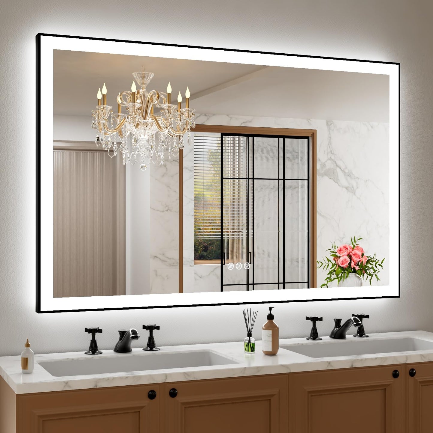 Amorho 20"x 28" LED Bathroom Mirror with Black Frame, Front Light and Backlit(Controlled Separately), Stepless Dimmable, Anti-Fog, Shatter-Proof, 3 Colors, Memory