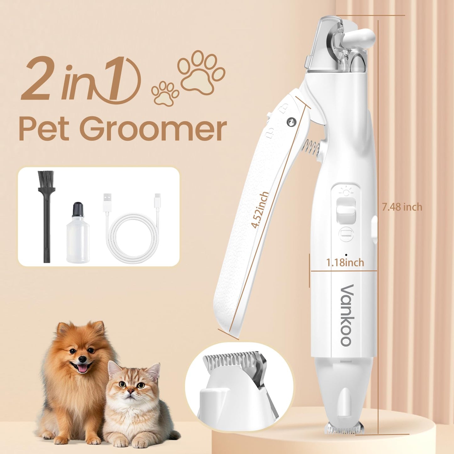 2-in-1 Dog & Cat Nail Clippers with LED Light, Rechargeable Pet Hair Trimmer, Waterproof Grooming Tool