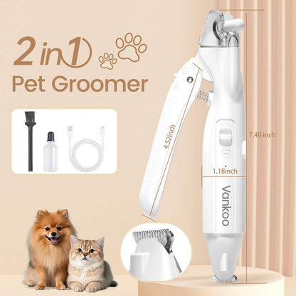 2-in-1 Dog & Cat Nail Clippers with LED Light, Rechargeable Pet Hair Trimmer, Waterproof Grooming Tool