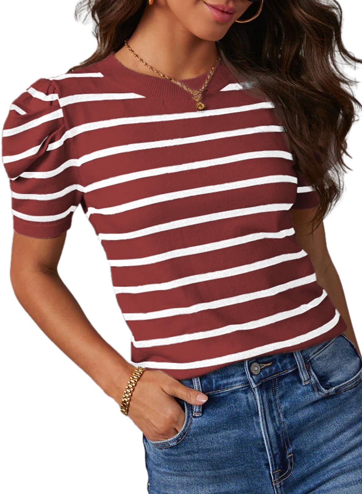 Dokotoo Women's Short Puff Sleeve Knit Tops 2025 Trendy Crewneck Striped T Shirts Casual Summer Blouses