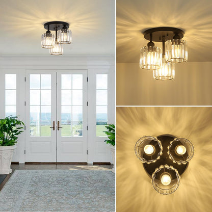 3-Light Crystal Semi Flush Mount Ceiling Light | Black Modern Fixture for Kitchen, Hallway & Bedroom