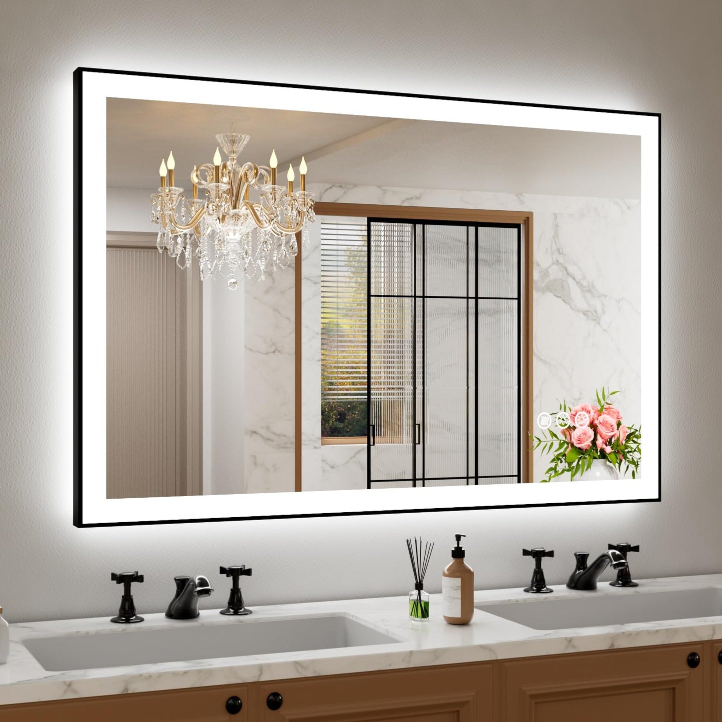 Amorho 20"x 28" LED Bathroom Mirror with Black Frame, Front Light and Backlit(Controlled Separately), Stepless Dimmable, Anti-Fog, Shatter-Proof, 3 Colors, Memory