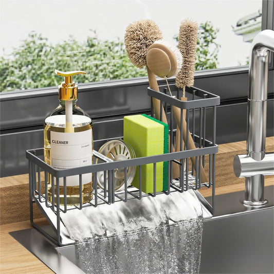 Kitchen Sink Caddy Organzier with High Brush Holder, Sponge Holder for Sink, 304 Rustproof Stainless, Kitchen Countertop Soap Dispenser Organizer, Kitchen Decor and Accessories
