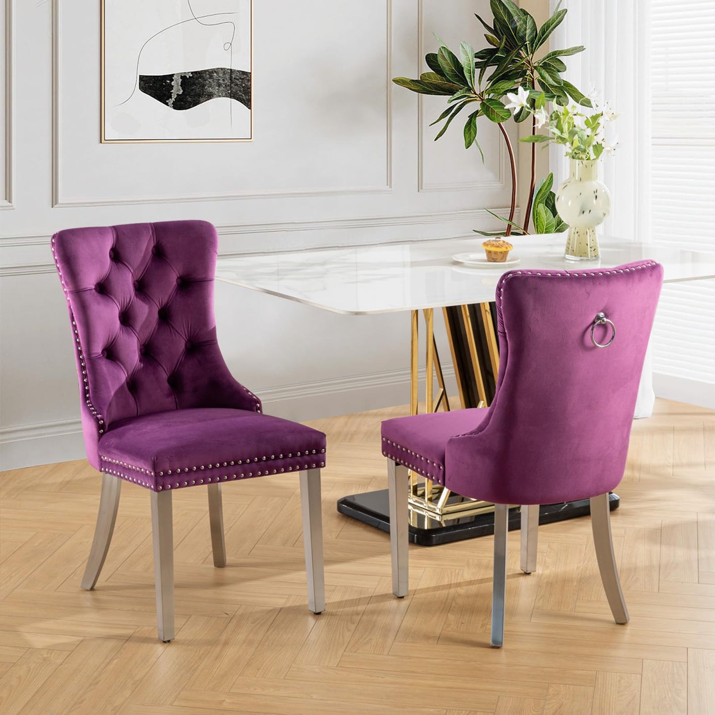 Lot de 8 chaises de salle à manger en cuir SoarFlash, chaise d'appoint à dossier haut, chaise d'appoint rembourrée moderne avec anneau de dossier à boutons, pieds en bois massif (noir et gris) 