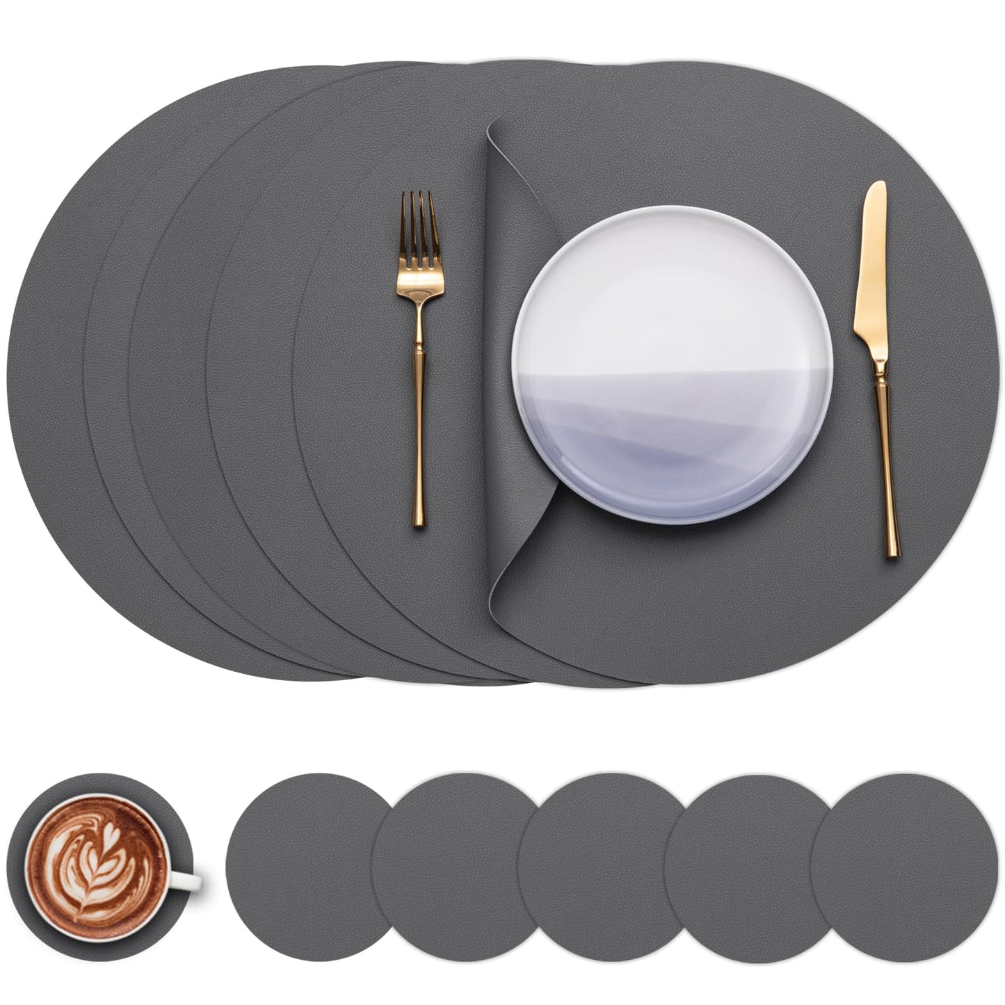 Myir JUN Round Table Placemats Set of 4 Faux Leather Place Mats and Coasters 15 inch Round Placemats Dual Sided Placemats Non-Slip Placemats Stain Resistant Placemats (Gray & Yellow, Set of 4)