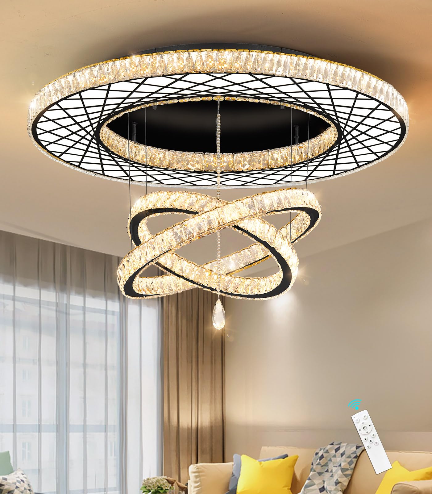 Modern Flush Ceiling Chandelier Bedroom Light Fixtures Crystal Flat Sloping Ceiling Lights for Hallway Kitchen Dining Room Dimmable Light with Remote Gold