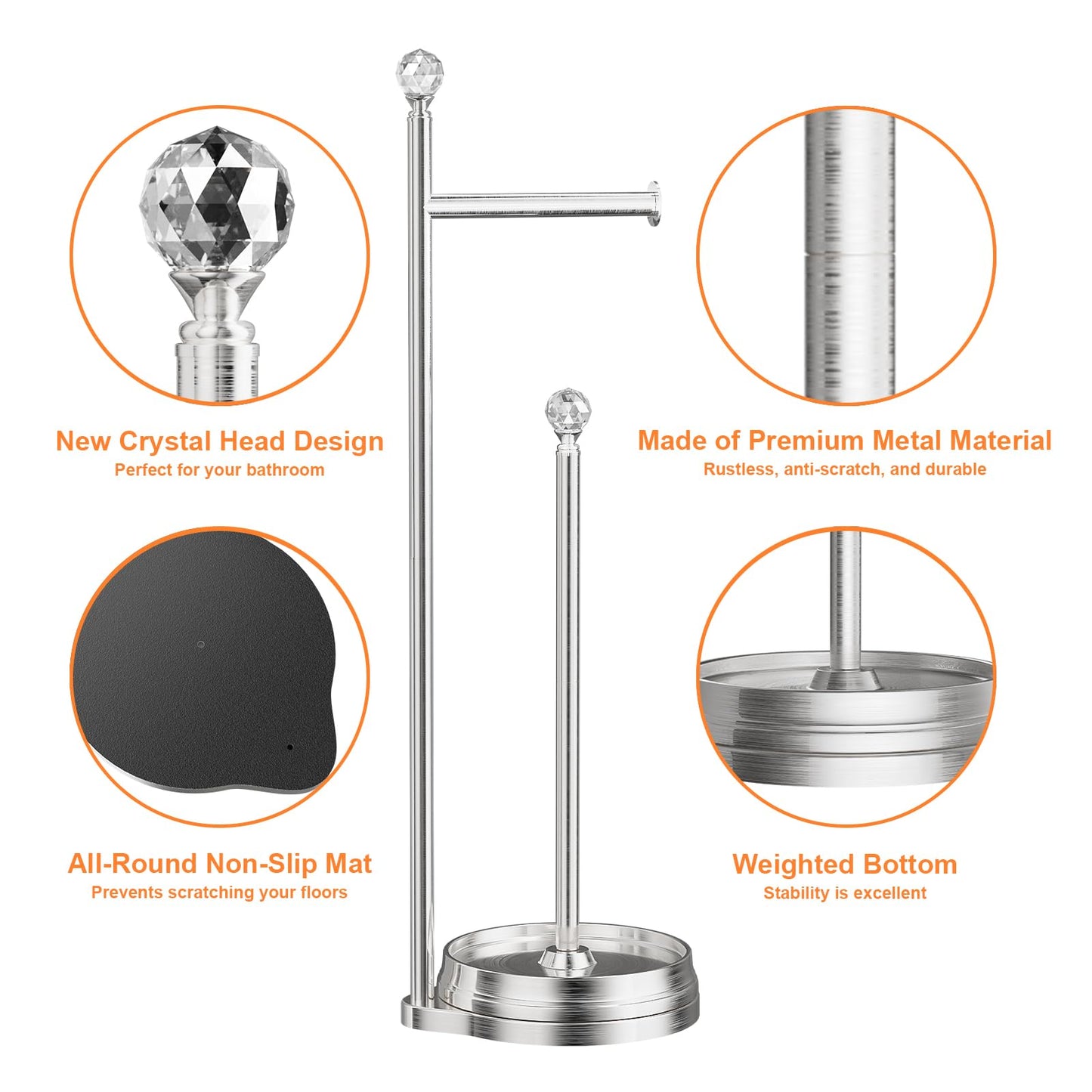Weighted Freestanding Toilet Paper Holder – Metal Bathroom Stand with Crystal Accent