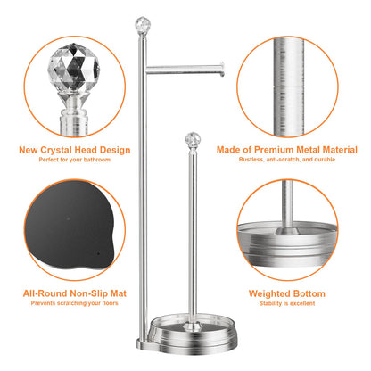 Weighted Freestanding Toilet Paper Holder – Metal Bathroom Stand with Crystal Accent