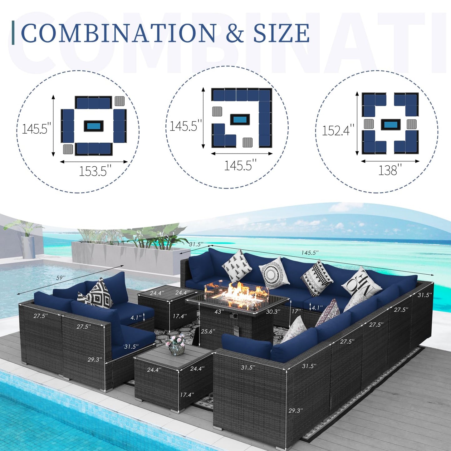 NICESOUL® 13-teiliges großes Luxus-Sofaset für die Terrasse mit Feuerstelle für Erdgas/Propan, 74 cm hohe Rückenlehne, Garten-Sitzgruppe, Gartensofa aus PE-Rattan, dunkelgrau 