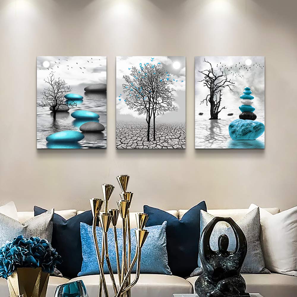 Art mural sur toile pour salon Décoration murale pour chambre Salle de bain Peintures en noir et blanc Impressions d'art sur toile encadrées modernes en 3 parties Prêtes à accrocher Images abstraites bleues inspirantes Décorations pour la maison 