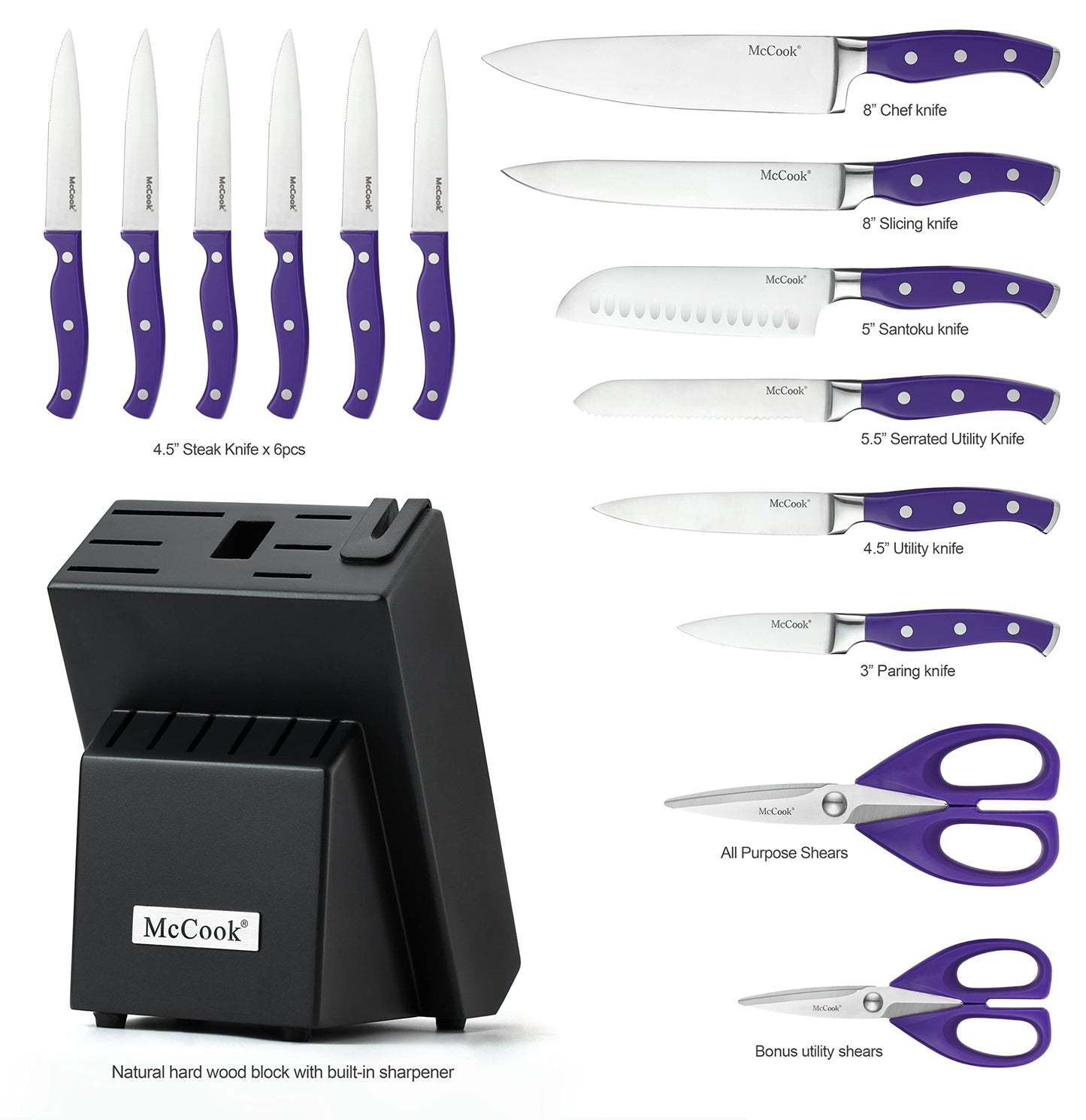 McCook® Knife Sets,German Stainless Steel Kitchen Knife Block Set with Built-in Sharpener