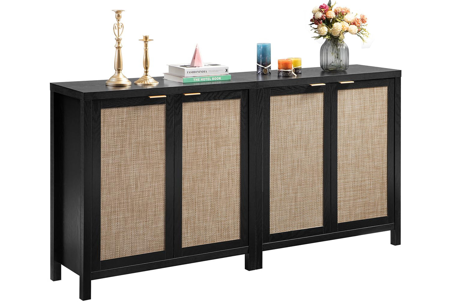 SICOTAS Rattan-Sideboard, Buffetschrank – großer Küchenschrank im Boho-Stil mit Rattan-Aufbewahrung – Holz-Kaffeebar-Schrank, Buffet-Konsolentisch für Esszimmer, Wohnzimmer, Flur – Natur 