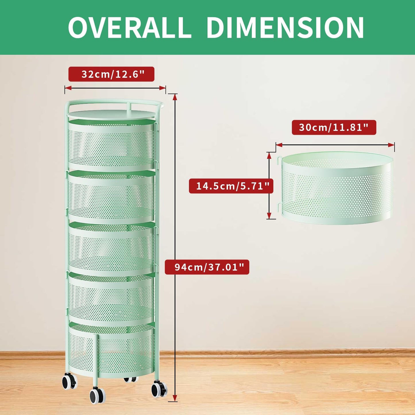 No Assembly Required Vegetable Storage Rack, 4-Tier Rotating Fruit Basket with Wheels, Heavy Duty Carbon Steel Kitchen Storage Cart