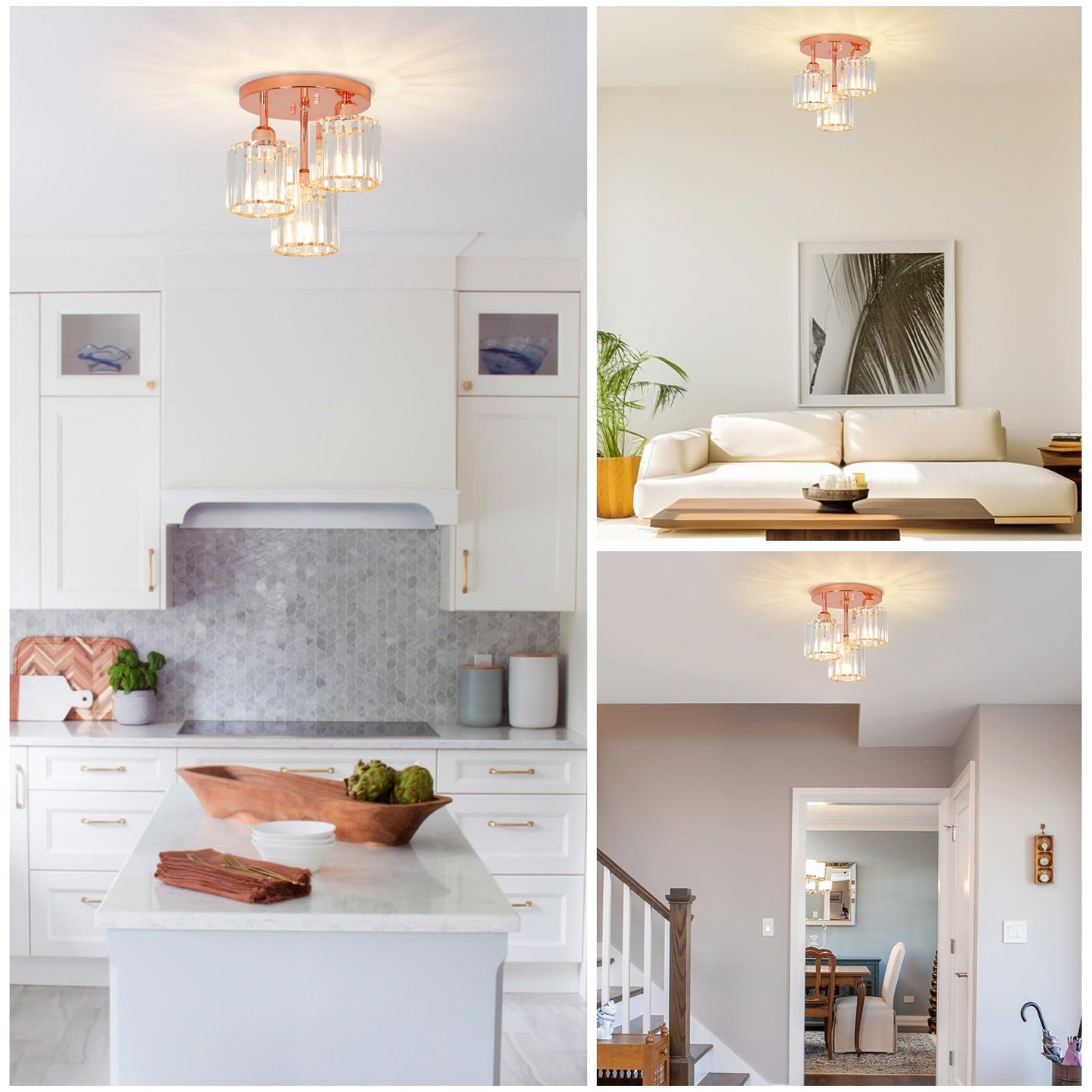 3-Light Crystal Semi Flush Mount Ceiling Light | Black Modern Fixture for Kitchen, Hallway & Bedroom