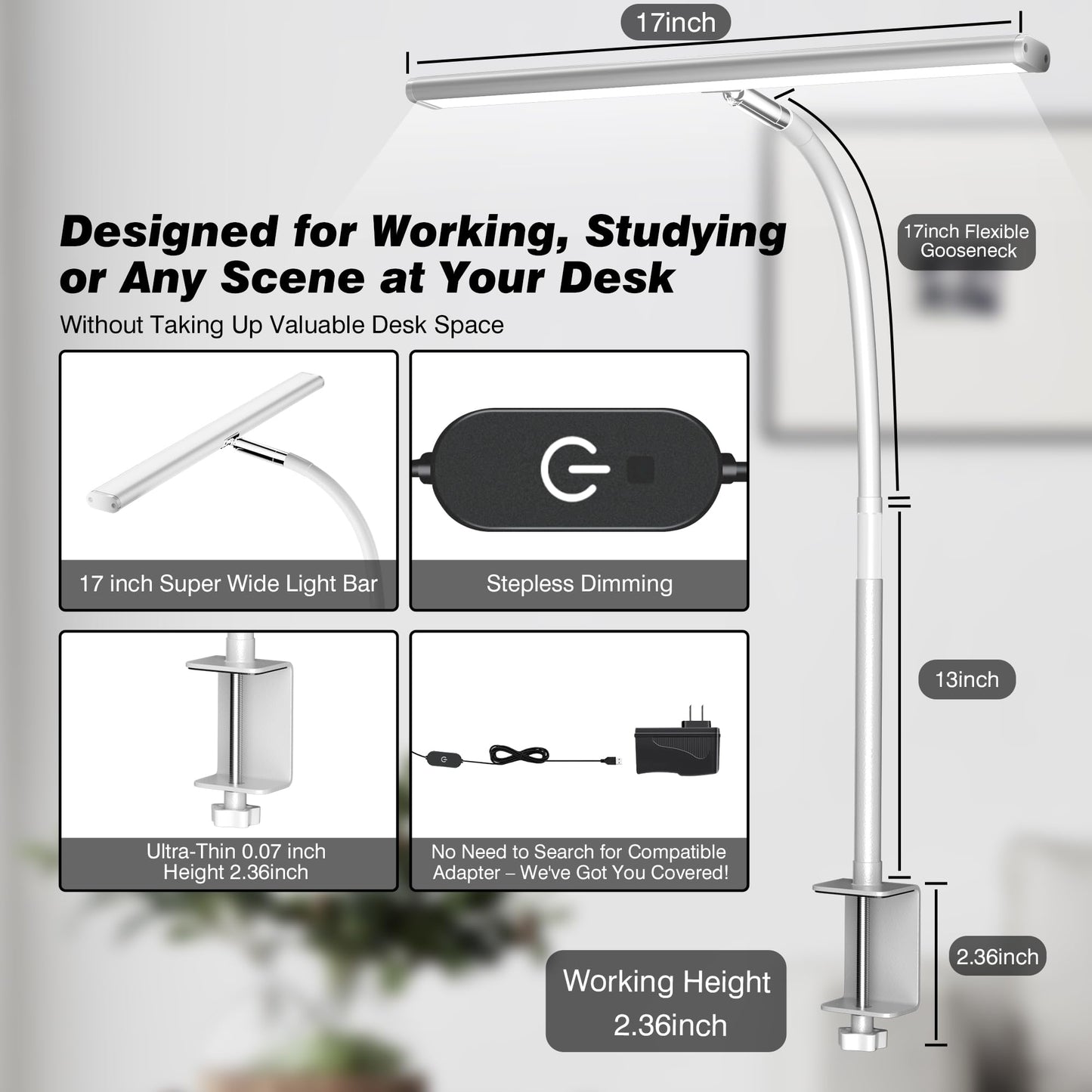 LED Desk Lamp for Office Home, Eye-Caring Desk Light with Stepless Dimming Adjustable Flexible Gooseneck, 10W USB Adapter Desk Lamp with Clamp for Reading, Study, Workbench (Black)