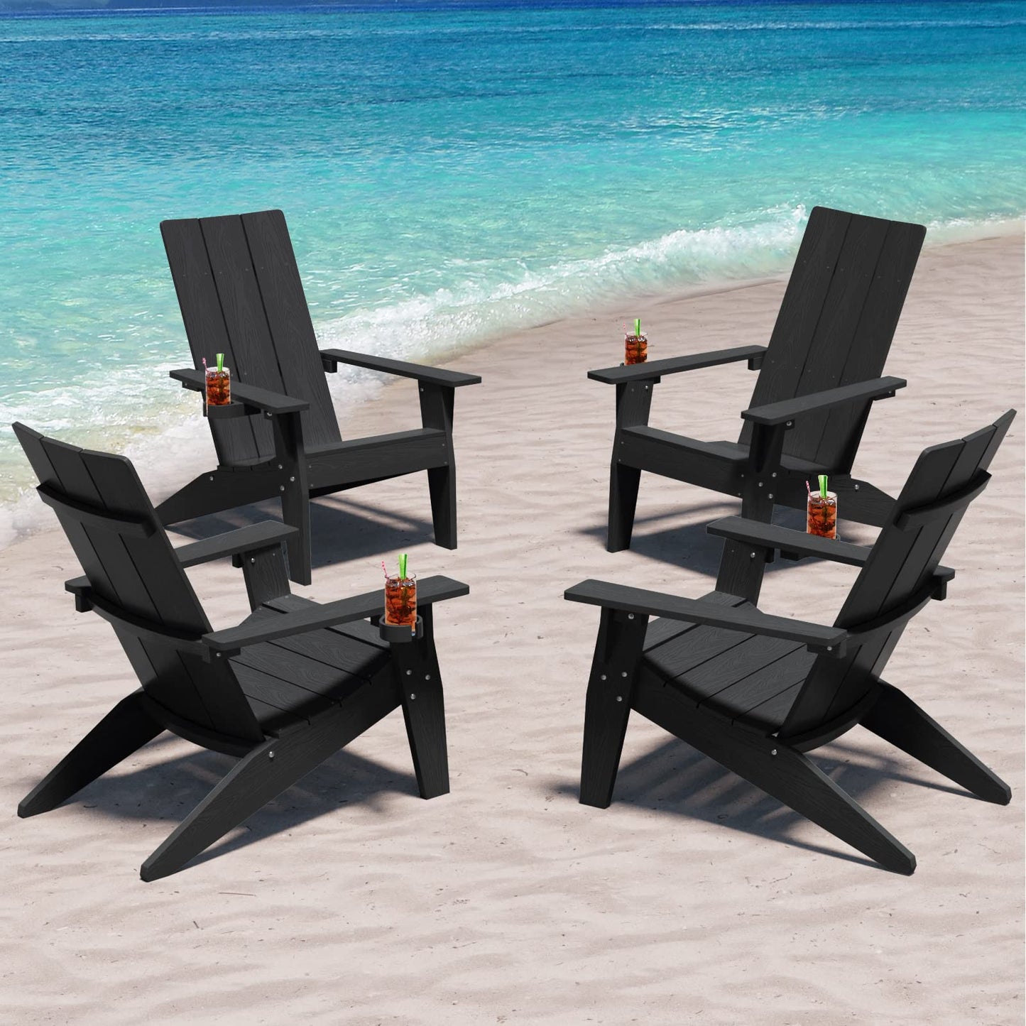 Lot de 4 chaises Adirondack modernes MXIMU résistantes aux intempéries avec porte-gobelet Chaises de foyer en plastique surdimensionnées Chaises d'extérieur en plastique pour sièges de zone de foyer (noir) 