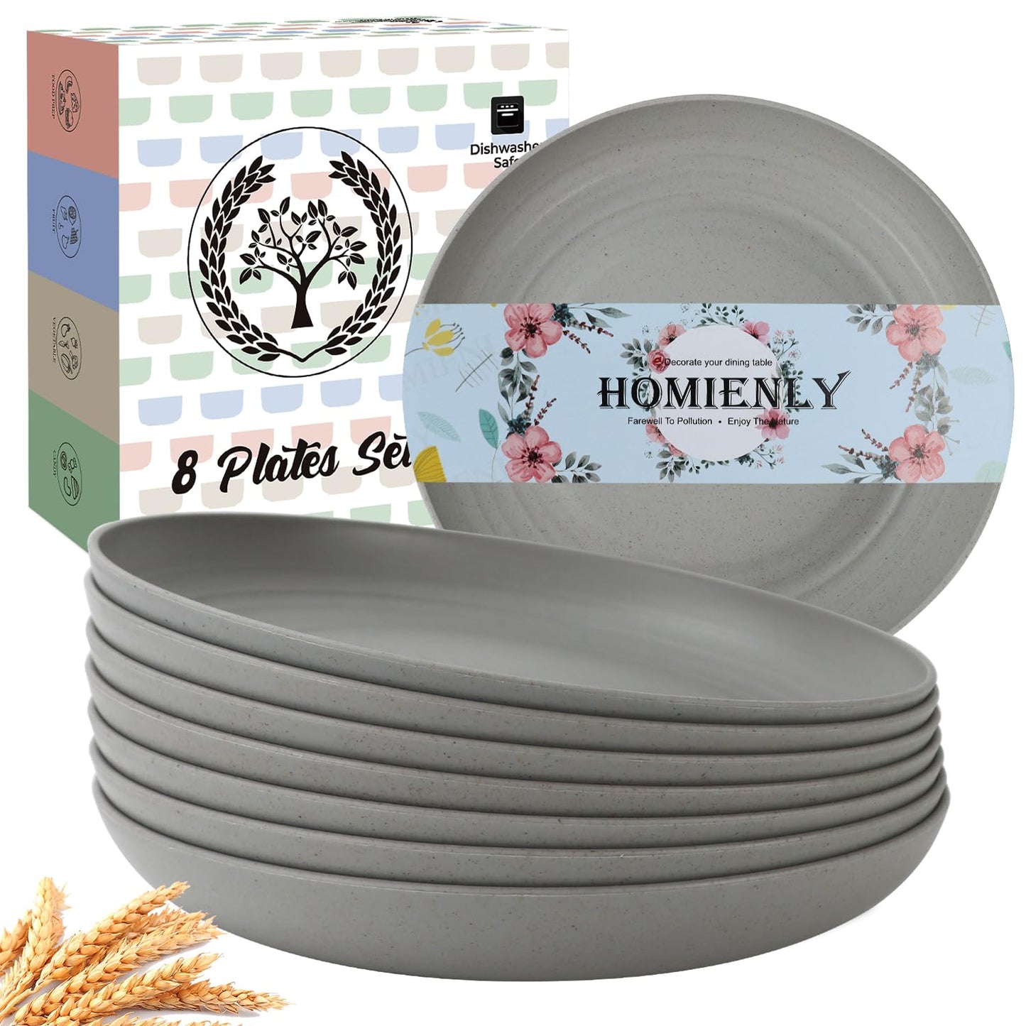 Homienly Deep Dinner Plates Set of 8 Alternative for Plastic Plates Microwave and Dishwasher Safe Wheat Straw Plates for Kitchen Unbreakable Kids Plates with 4 Colors (Classic Bright, 9 inch)