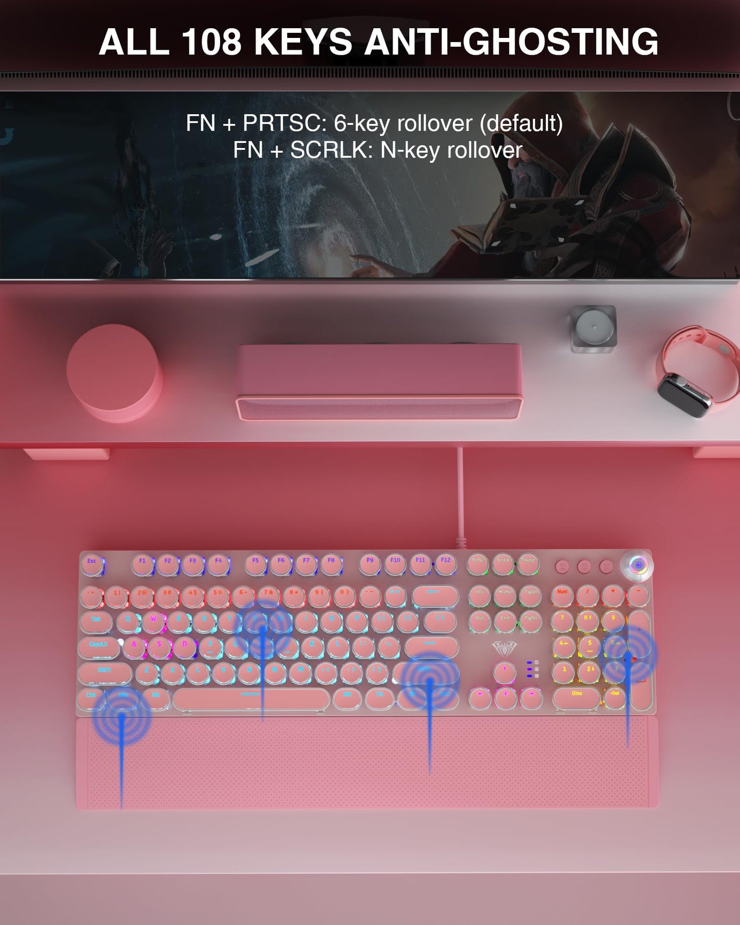 AULA F2088 Mechanical Gaming Keyboard – Blue Switches, Rainbow LED Backlit, Media Knob, Wrist Rest, Retro Typewriter Keycaps, USB Wired