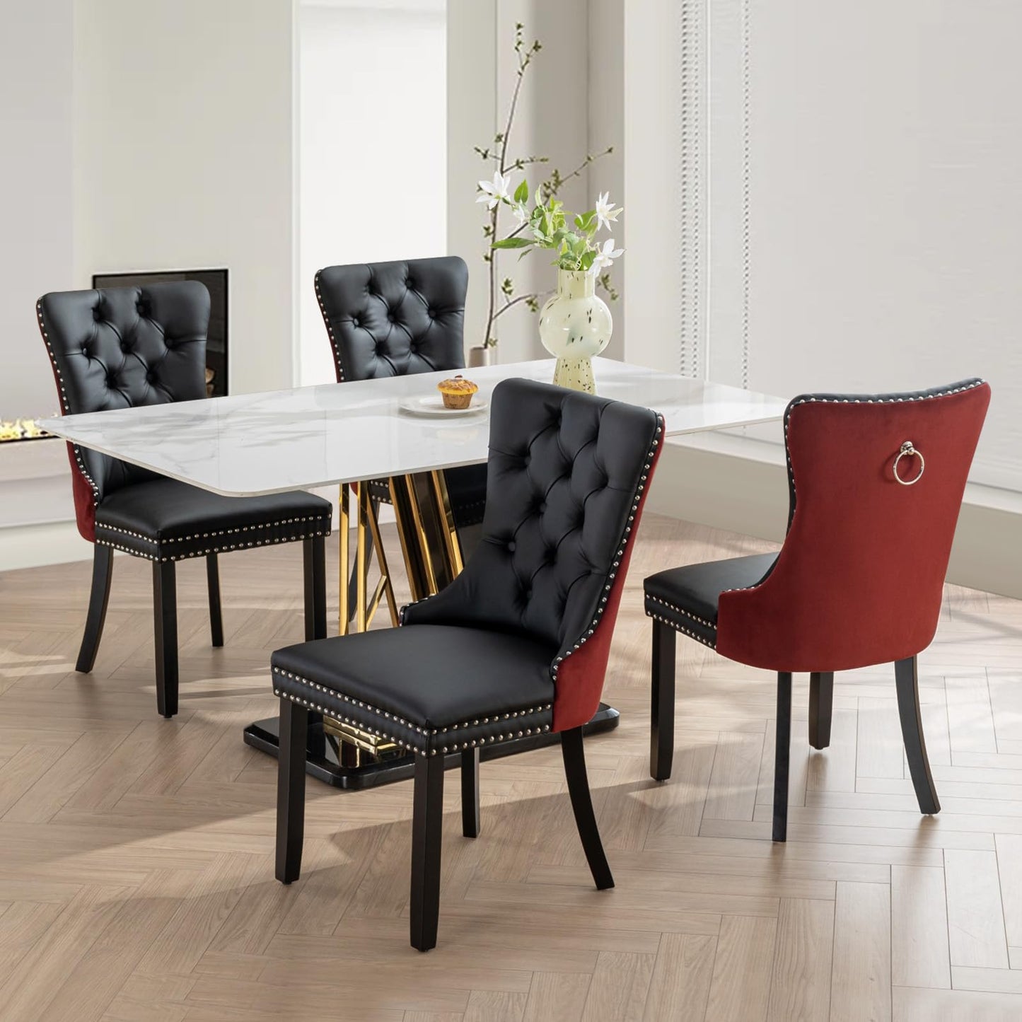 Lot de 8 chaises de salle à manger en cuir SoarFlash, chaise d'appoint à dossier haut, chaise d'appoint rembourrée moderne avec anneau de dossier à boutons, pieds en bois massif (noir et gris) 