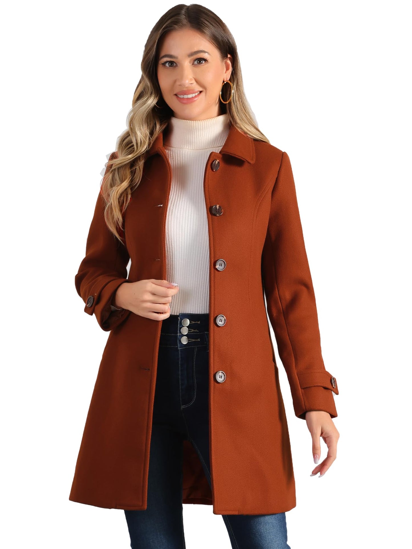 Allegra K Damen Winter Oberbekleidung Mantel Peter Pan Kragen Mitte Oberschenkel A-Linie Einreihig Pea Coat