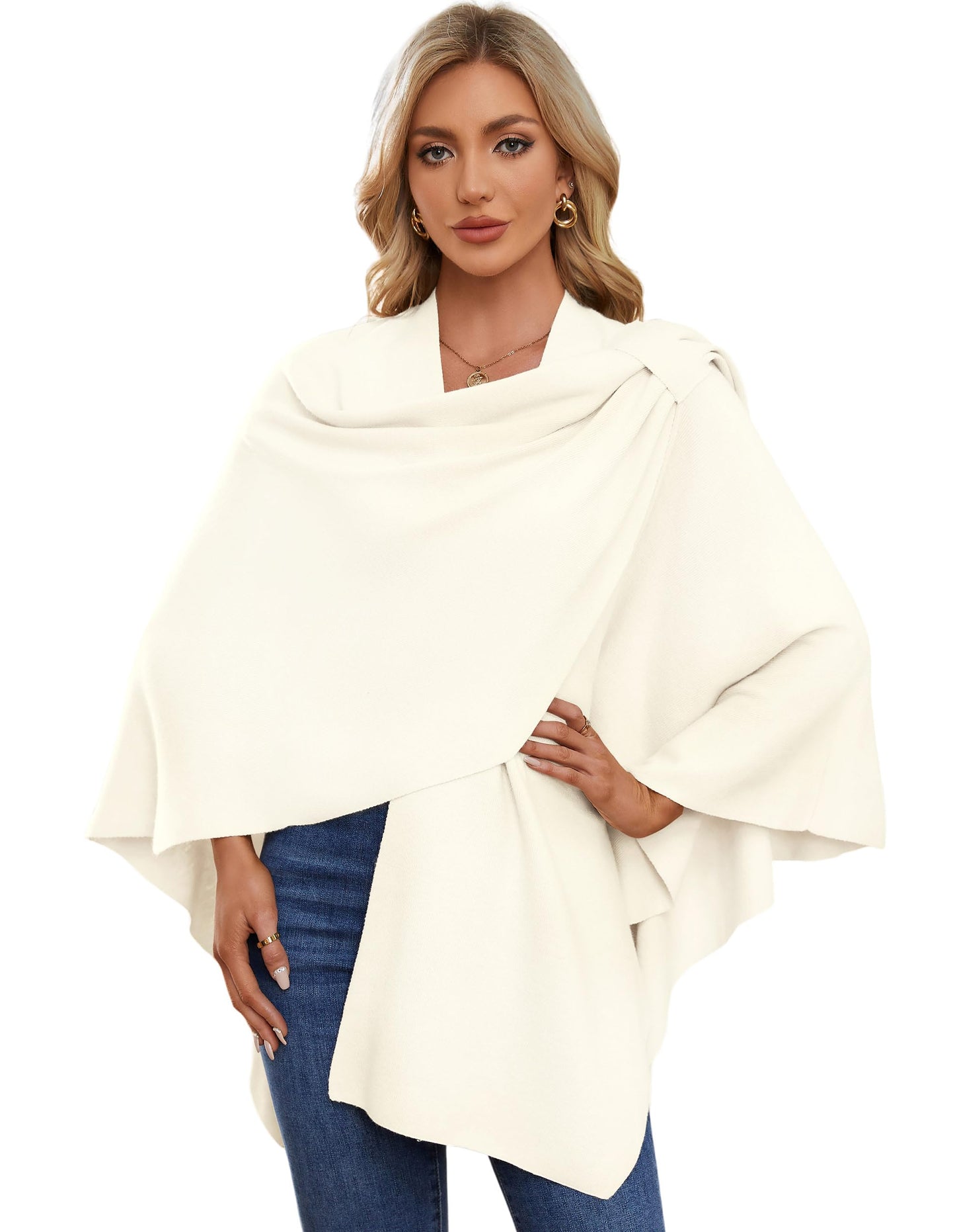 PULI Femmes Grand Poncho Croisé Sur Le Devant Pull Enveloppant Topper Tricoté Élégant Châles Cape pour l'Automne Hiver