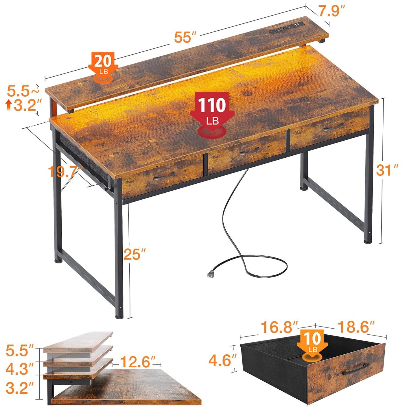 Bureau d'ordinateur ODK 54 pouces avec 3 tiroirs et prises d'alimentation USB, bureaux à domicile avec lumières LED et support de moniteur réglable, travail à domicile, table de travail/écriture/étude moderne pour chambre à coucher, noir 