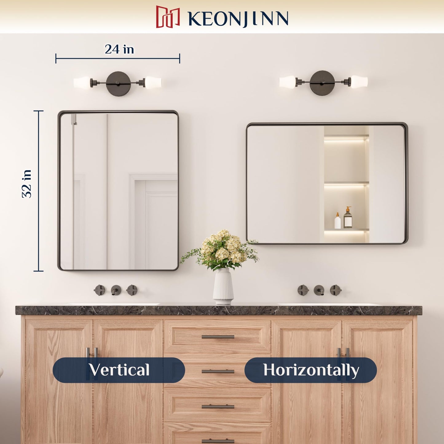 Keonjinn Black Mirror for Bathroom Sink, 24 x 30 Inch Sandblasted Finish Aluminum Wall Mirrors, Matte Black Rectangle Farmhouse Mirror with Shatterproof HD Tempered Glass, Anti-Rust Metal Frame