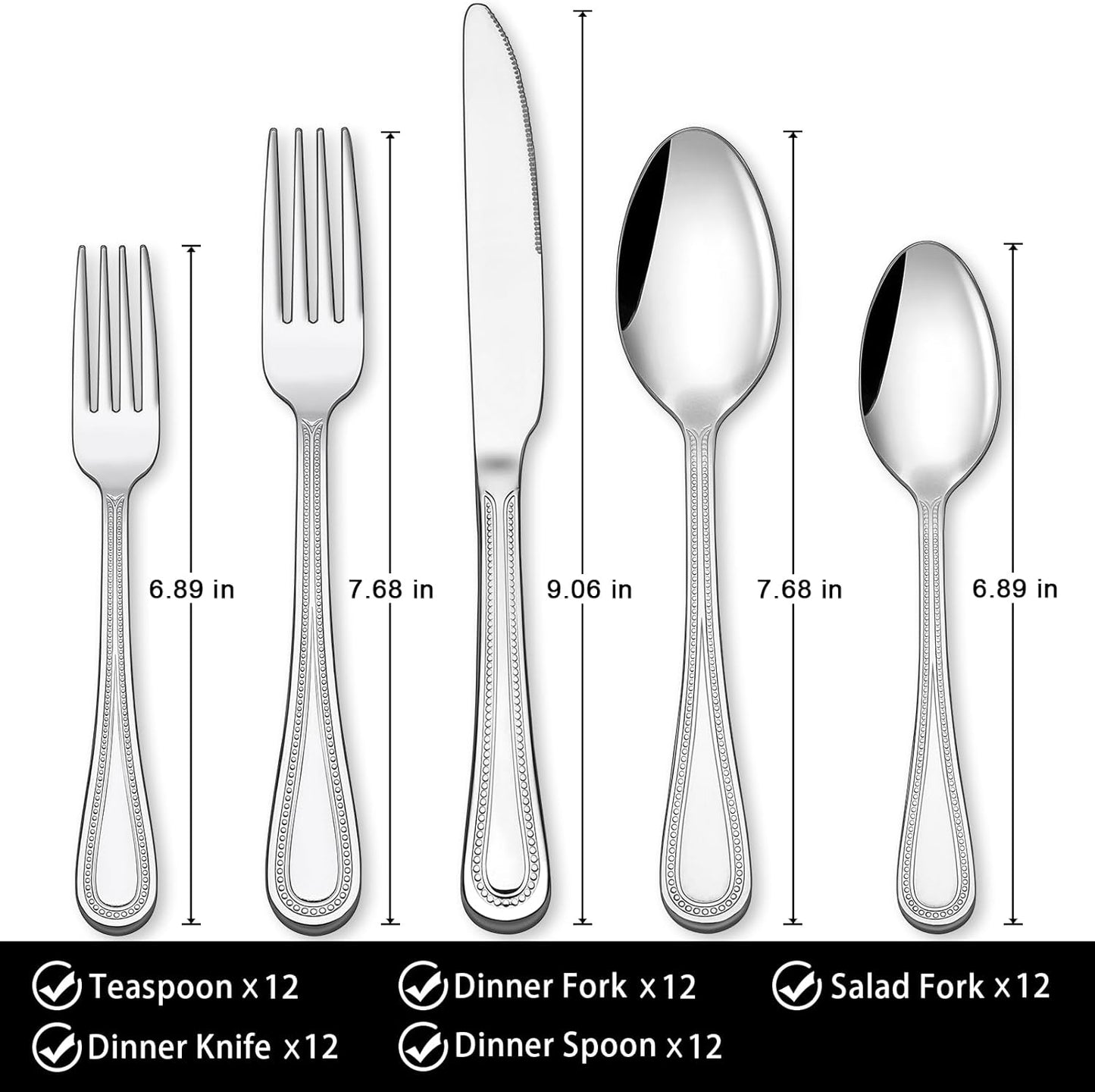 60-Piece Silverware Set, Stainless Steel Flatware Set for 12, Pearled Edge Food-Grade Tableware Cutlery Set, Utensil Sets for Home Restaurant, Mirror Finish, Dishwasher Safe