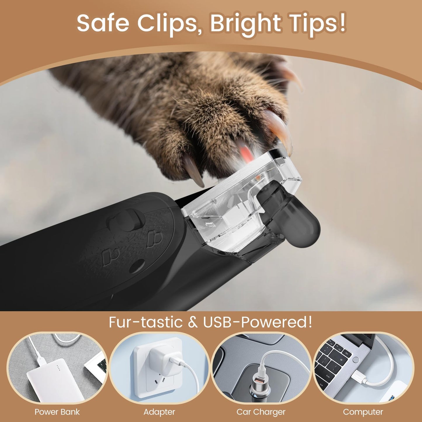 2-in-1 Dog & Cat Nail Clippers with LED Light, Rechargeable Pet Hair Trimmer, Waterproof Grooming Tool