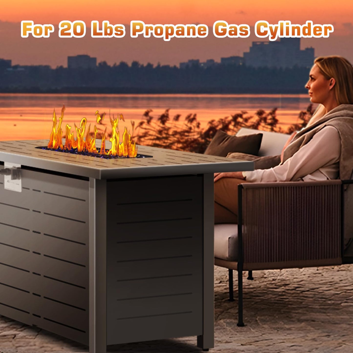 Xbeauty Fire Pit Propane Gas FirePit Table 43" Outdoor Fire Pit Rectangular Tabletop with Lid, Rain Cover, for Outside Garden Backyard Deck Patio