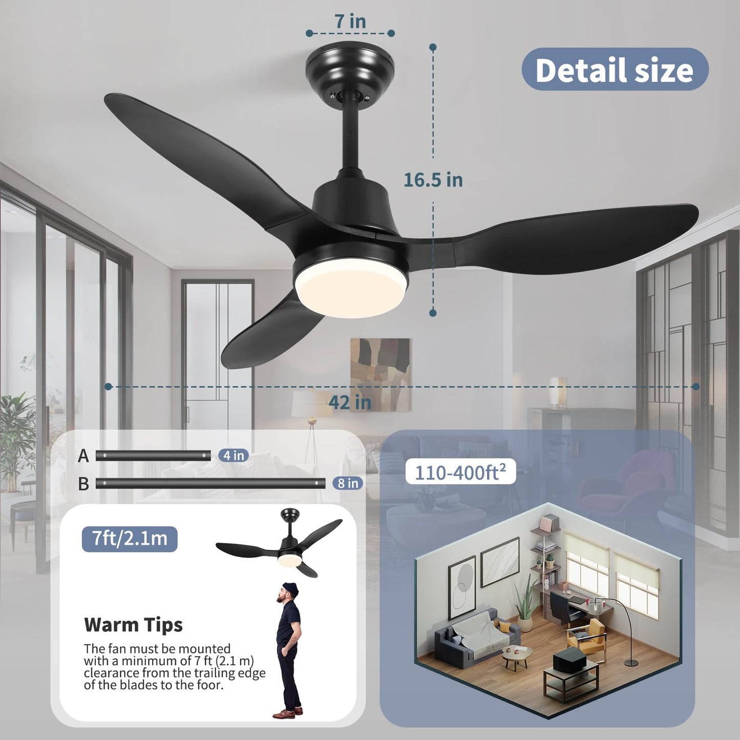 42” Smart Ceiling Fan with Light – WiFi, Alexa, Remote, LED, Black Blades