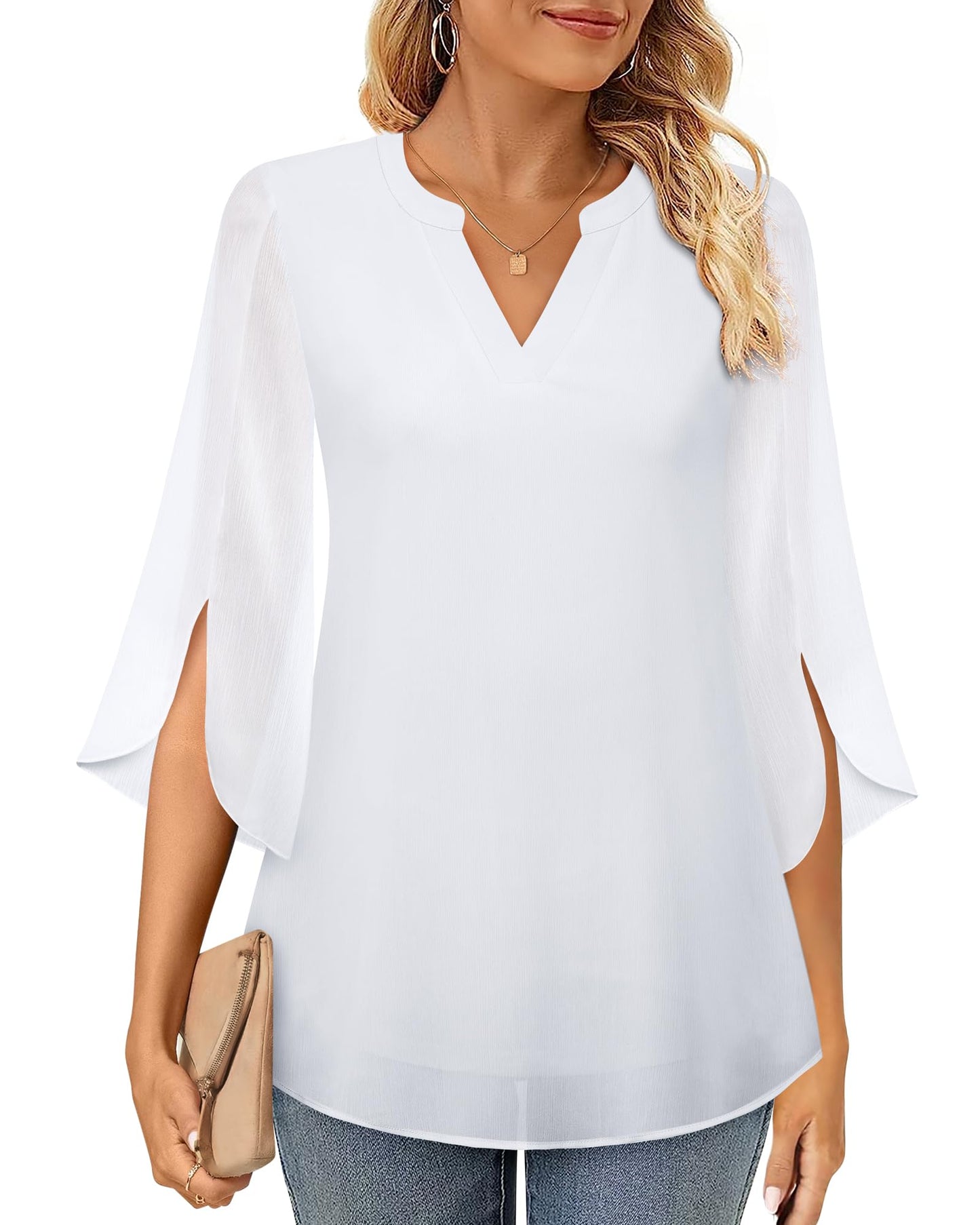 Timeson Women's 3/4 Sleeve Chiffon Blouse Shirt V Neck Dressy Tunic Tops