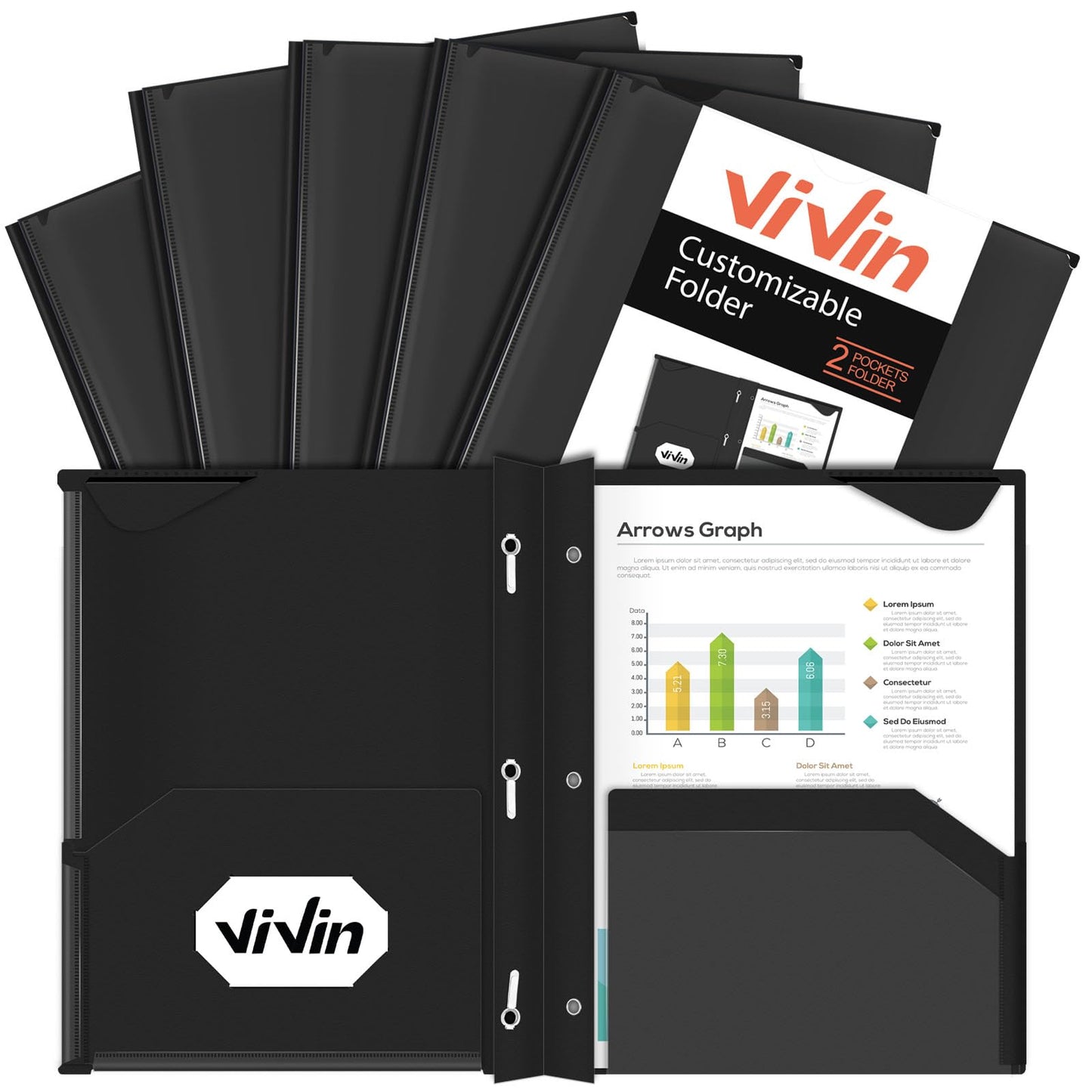 ViVin Heavyweight Plastic Folders with Pockets and Prongs, Two Pockets, Clear Front Pocket & Stay-Put Tabs, 6 Pack, Hold US Letter Size Paper, for School and Office - White