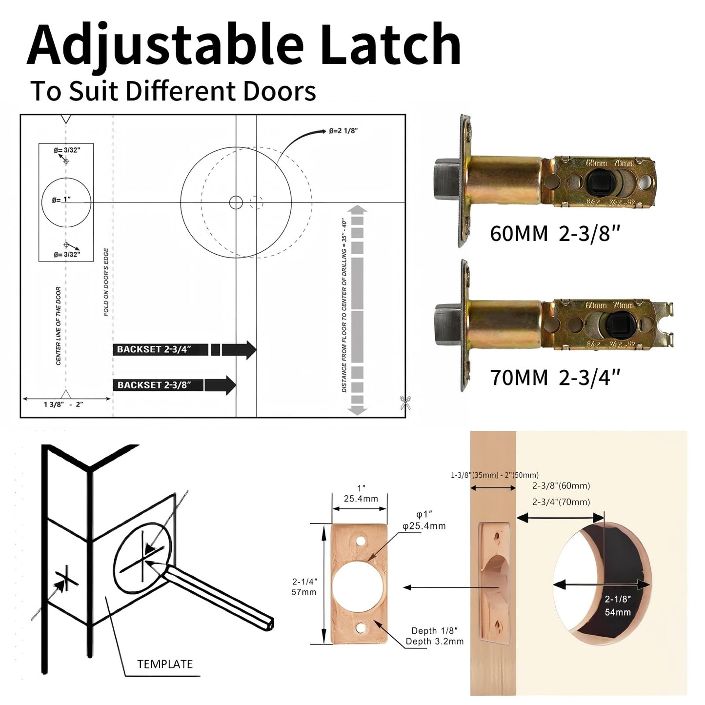 Privacy Door Knob with Reversible Keyless Push Lock, Modern Rectangular Long Plate Interior Door Lock