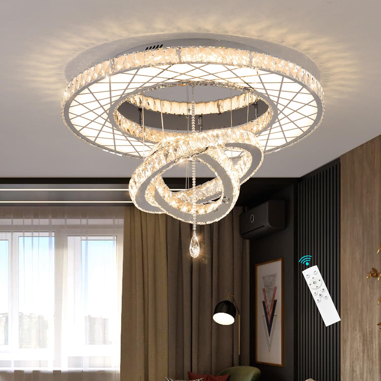 Modern Flush Ceiling Chandelier Bedroom Light Fixtures Crystal Flat Sloping Ceiling Lights for Hallway Kitchen Dining Room Dimmable Light with Remote Gold