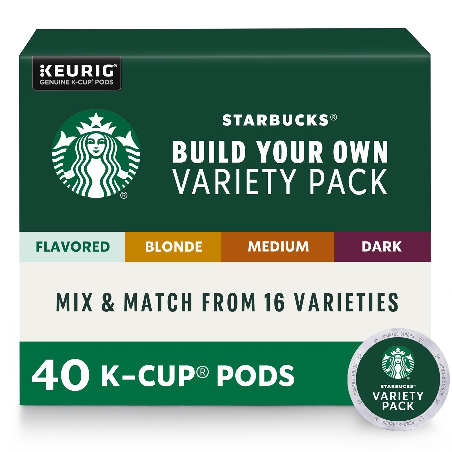 Capsules de café Starbucks K-Cup, pack de variétés de café naturellement aromatisé pour les cafetières Keurig, 100 % arabica, 1 boîte (40 capsules) 