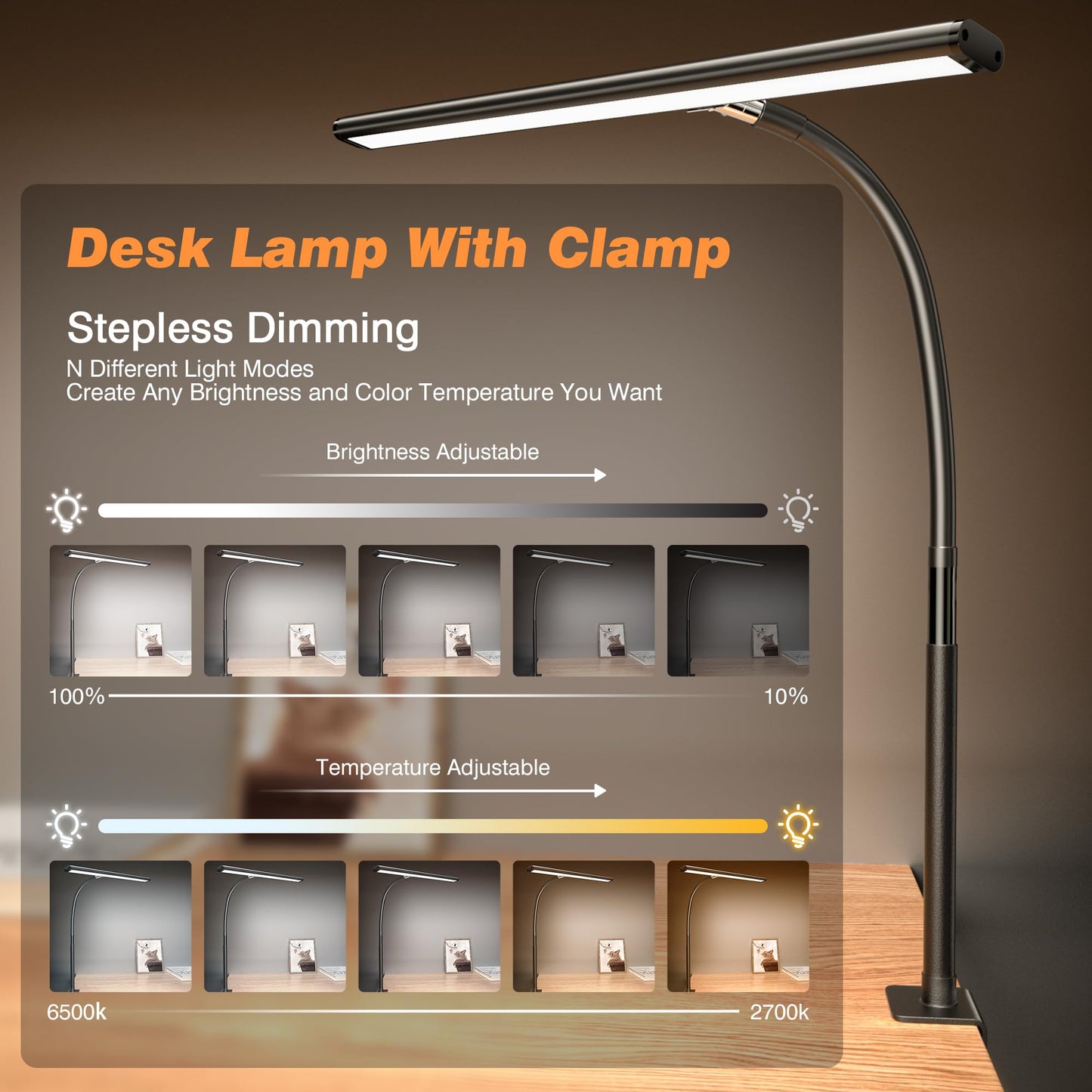 LED Desk Lamp for Office Home, Eye-Caring Desk Light with Stepless Dimming Adjustable Flexible Gooseneck, 10W USB Adapter Desk Lamp with Clamp for Reading, Study, Workbench (Black)