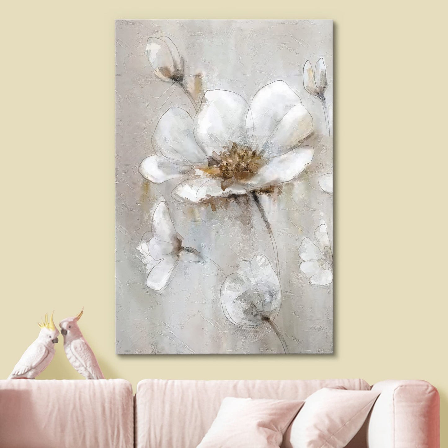 Canvas Print Wall Art White Gold Marble Background Carnation Flower Duo Nature Wilderness Illustrations Modern Art Farmhouse/Country Rustic Relax/Calm for Living Room, Bedroom, Office - 16"x24"