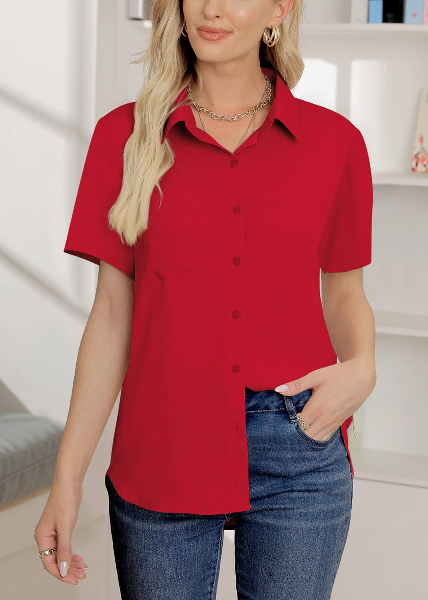 AISEW Damen Casual Button-Down-Hemden V-Ausschnitt Chiffon Lang-/Kurzarm Kragen Büro Arbeitsblusen Tops mit Tasche 