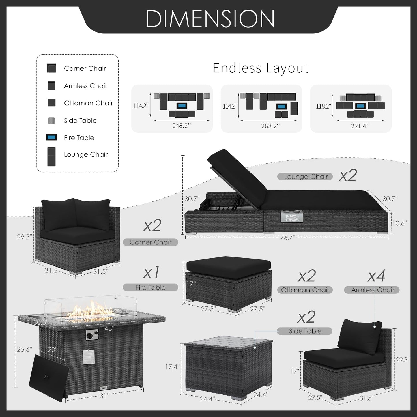 Ensemble de canapé de patio de luxe 13 pièces NICESOUL® avec table de foyer au gaz naturel/propane, ensemble de conversation d'extérieur à dossier haut de 29,3 po, canapé sectionnel extérieur en rotin PE, gris foncé 