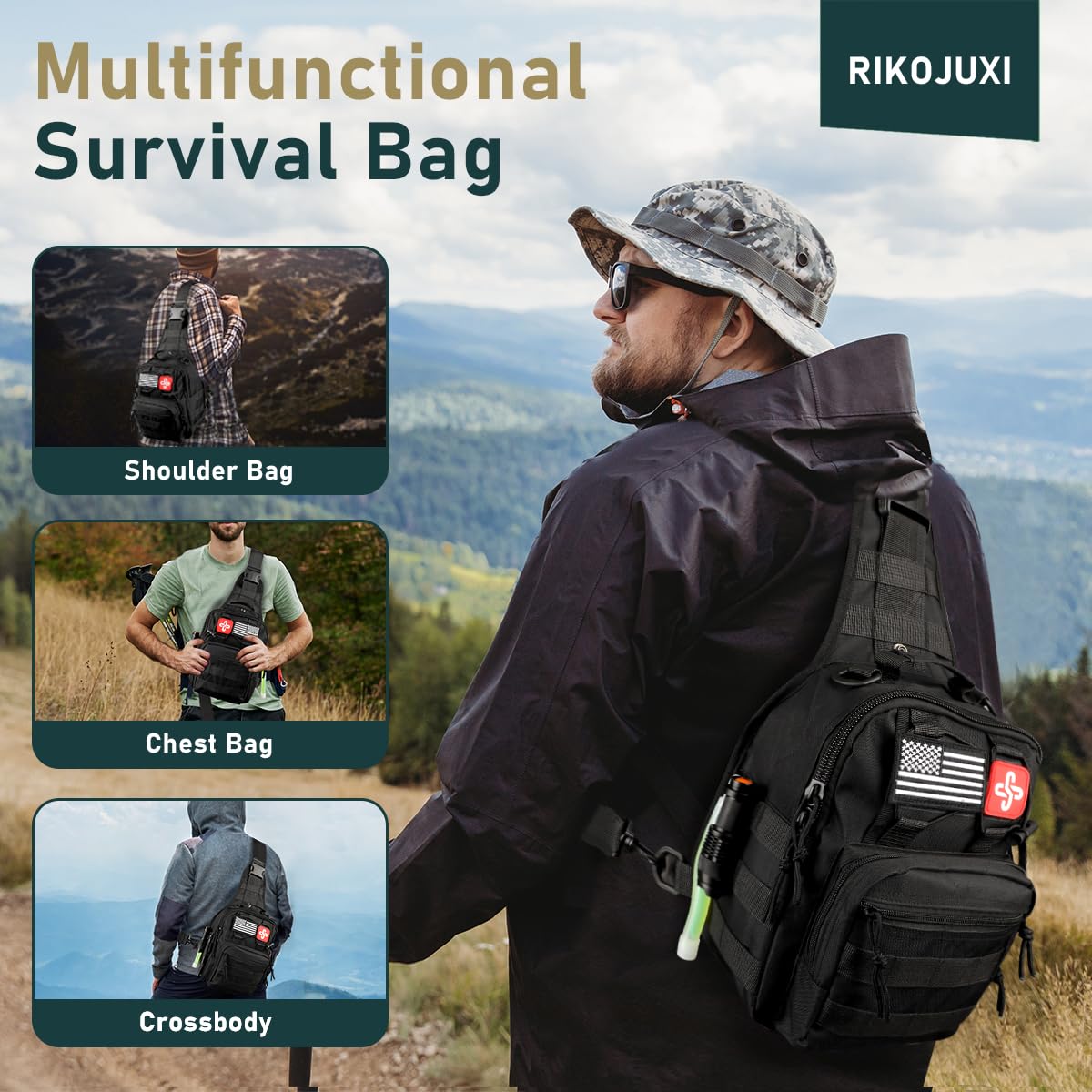 Survival-Kit, 262-teiliges Survival-Set und Zubehör mit Erste-Hilfe-Tasche und Umhängetasche, Notfall-Set mit Zelt, Camping-Axt, Hammer, Survival-Schaufel mit Spitzhacke, Bug-Out-Bag-Geschenke für Männer und Frauen 