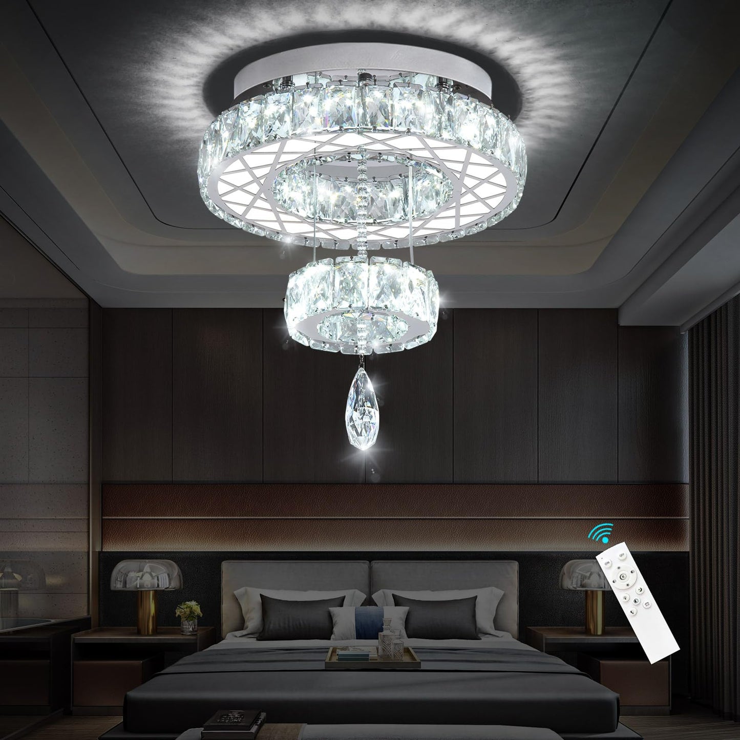 Modern Flush Ceiling Chandelier Bedroom Light Fixtures Crystal Flat Sloping Ceiling Lights for Hallway Kitchen Dining Room Dimmable Light with Remote Gold