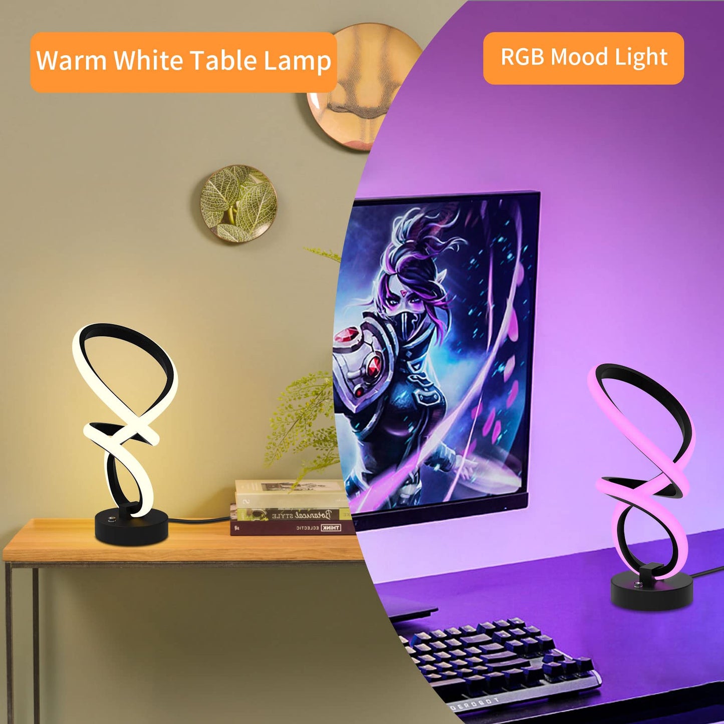 Aialun Moderne Spiral-RGB-Tischlampen, 2er-Set, einzigartige dimmbare LED-Nachttischleuchten mit Touch-Funktion, 10 Modi, coole Schreibtischlampe, Geschenk für Schlafzimmer, Wohnzimmer, Büro, Hausdekoration 