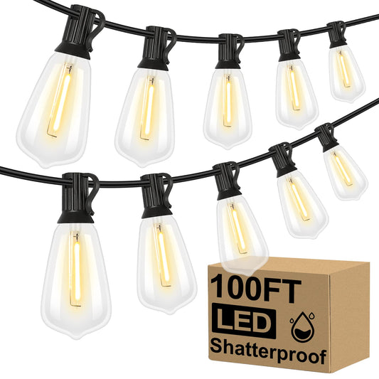 Brightever LED Outdoor String Lights 100FT Patio Lights with 52 Shatterproof ST38 Vintage Edison Bulbs, Outside Hanging Lights Waterproof for Porch, Deck, Garden, Backyard, Balcony, 2700K Dimmable